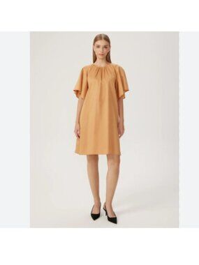 Harshman Agata Dress Womens 1X Tan Cotton Clean Minimalist Midi Pockets NWT